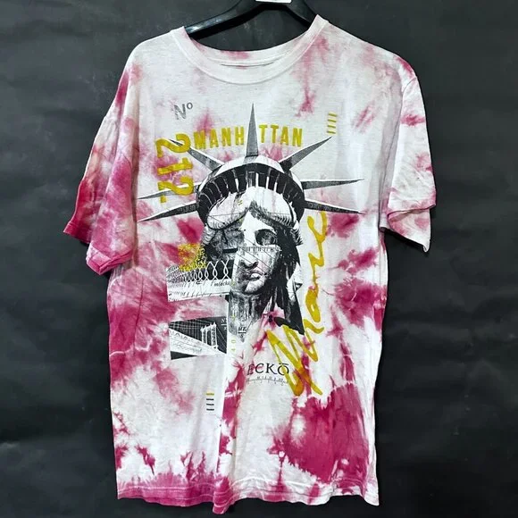 Marc Ecko Shirt Tie Dyed Cotton Red Tee T-shirt Size Large Statue of Liberty - Picture 1 of 5